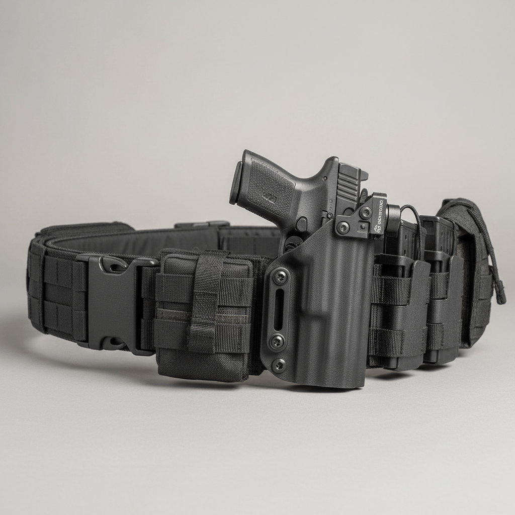 Tactical battle belt with pistol holster, weapon light, and red dot optic.