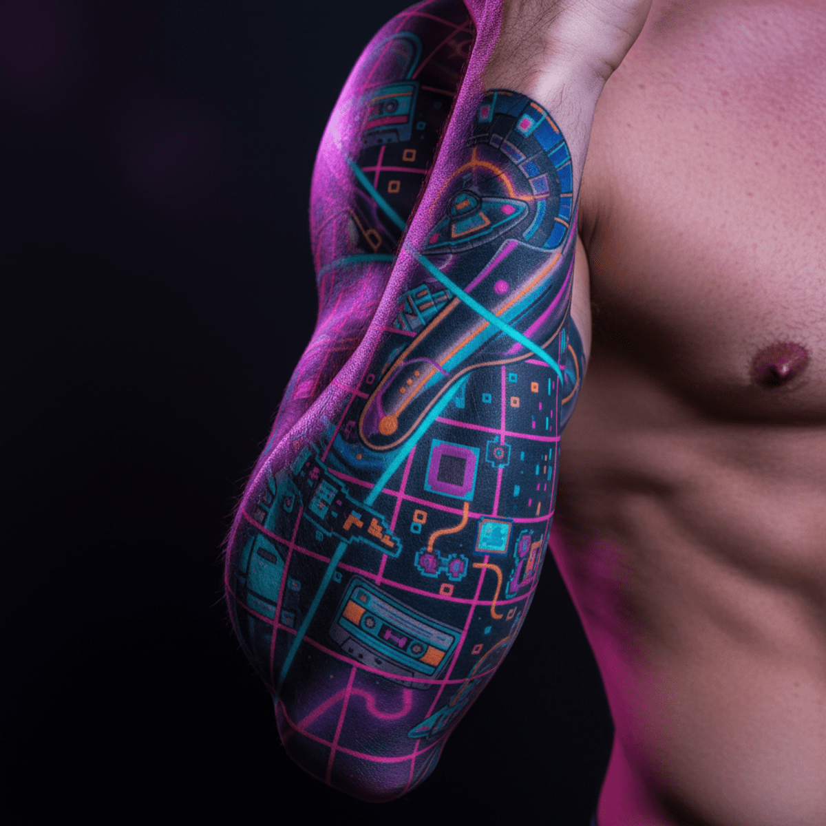 Man's forearm with a neon retro-futurism tattoo sleeve Vibrant retro-futurism tattoo sleeve on a man's forearm with neon grids and pixel art.