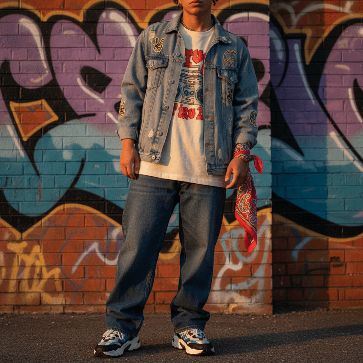 Young adult in 90s hip hop streetwear with paisley bandana against graffiti wall.