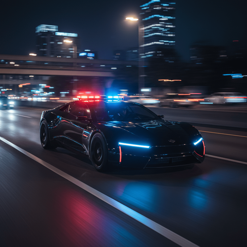 Futuristic police vehicle with AI emergency lights on a wet highway at night.