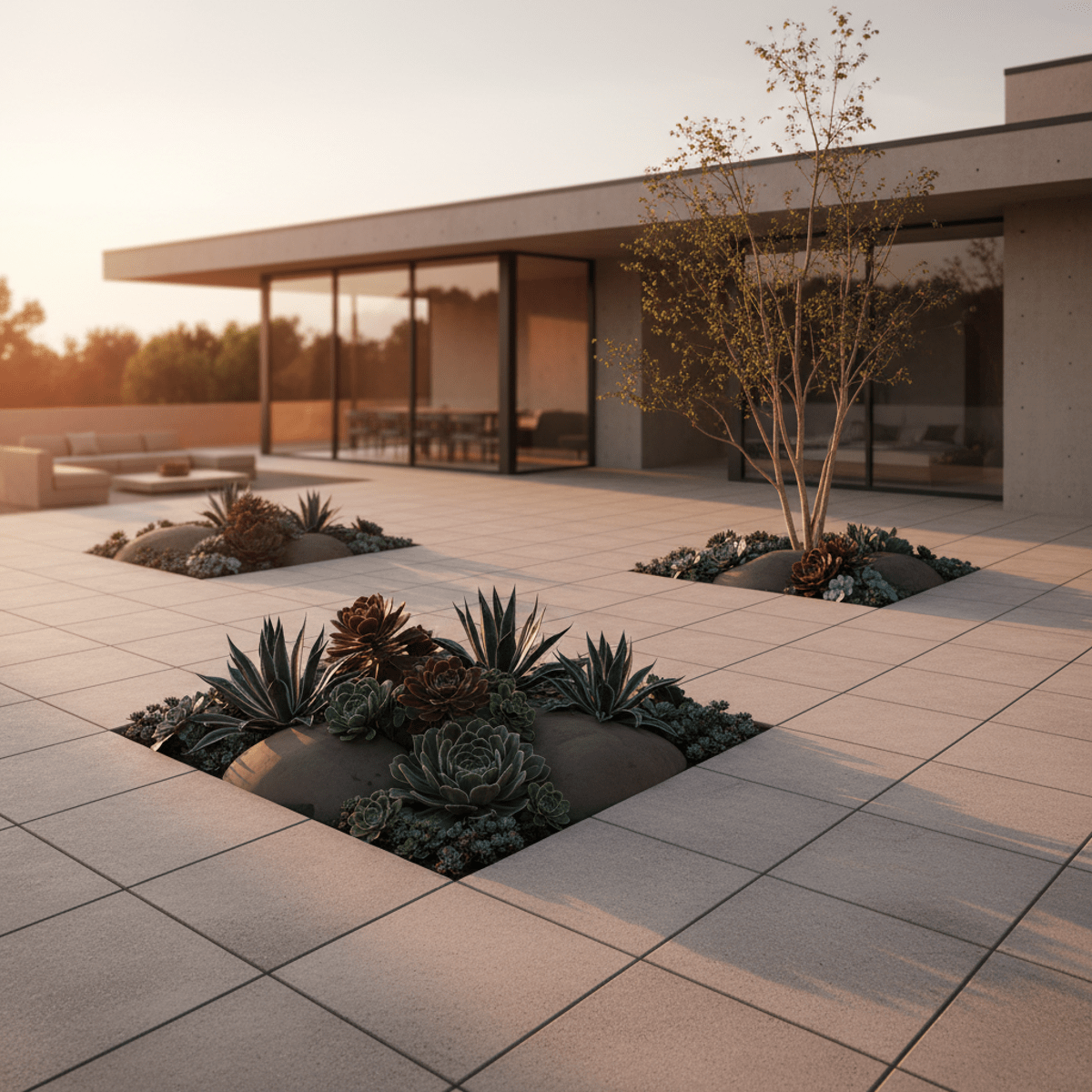 Modern minimalist patio with large pavers, succulent gardens, and ornamental tree.