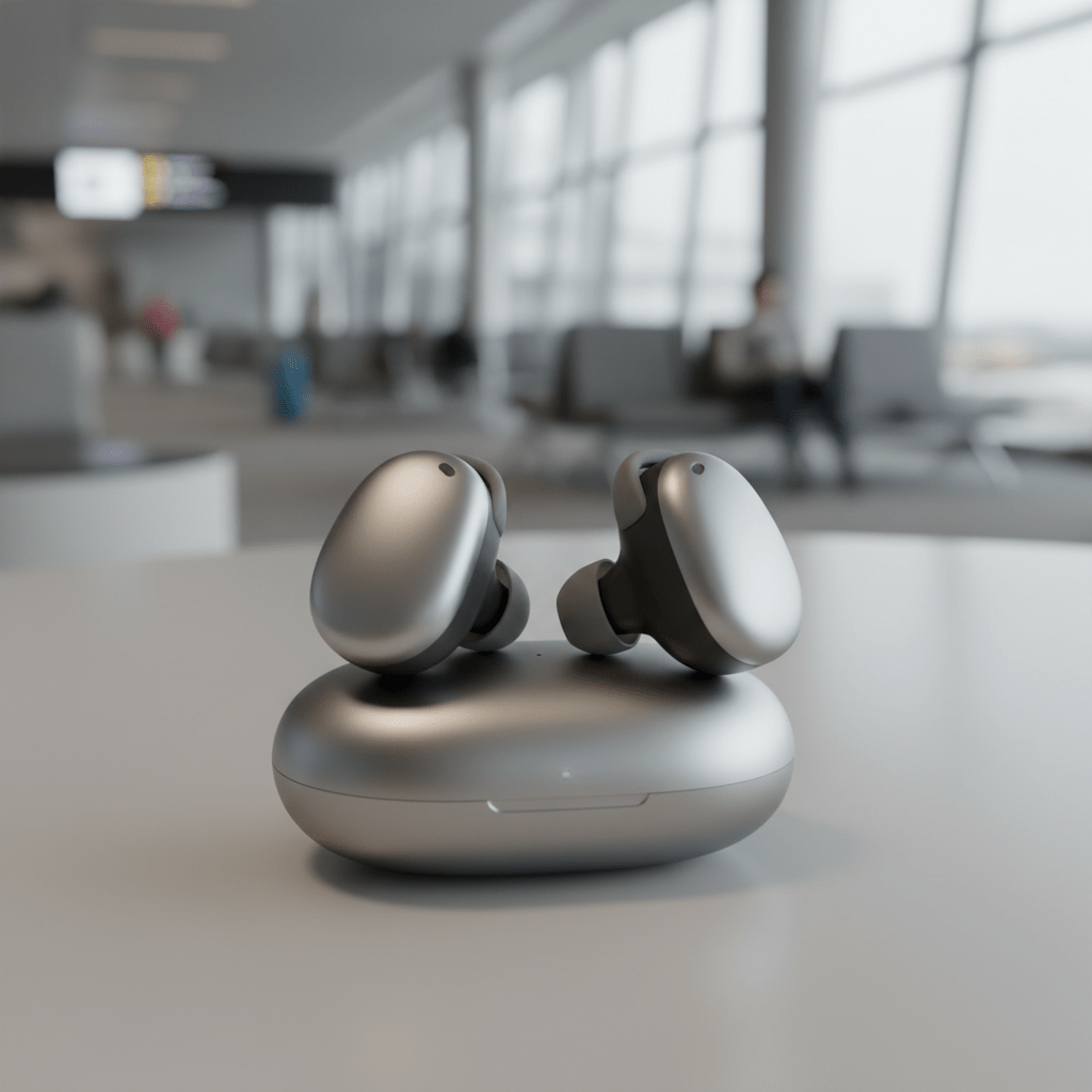 Sleek noise-cancelling earbuds with silicone tips resting on a smooth travel case.