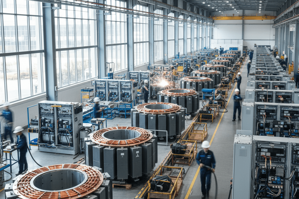 Wide shot of busy factory floor producing high-voltage transformers under natural light, symbolizing increased energy infrastructure demands