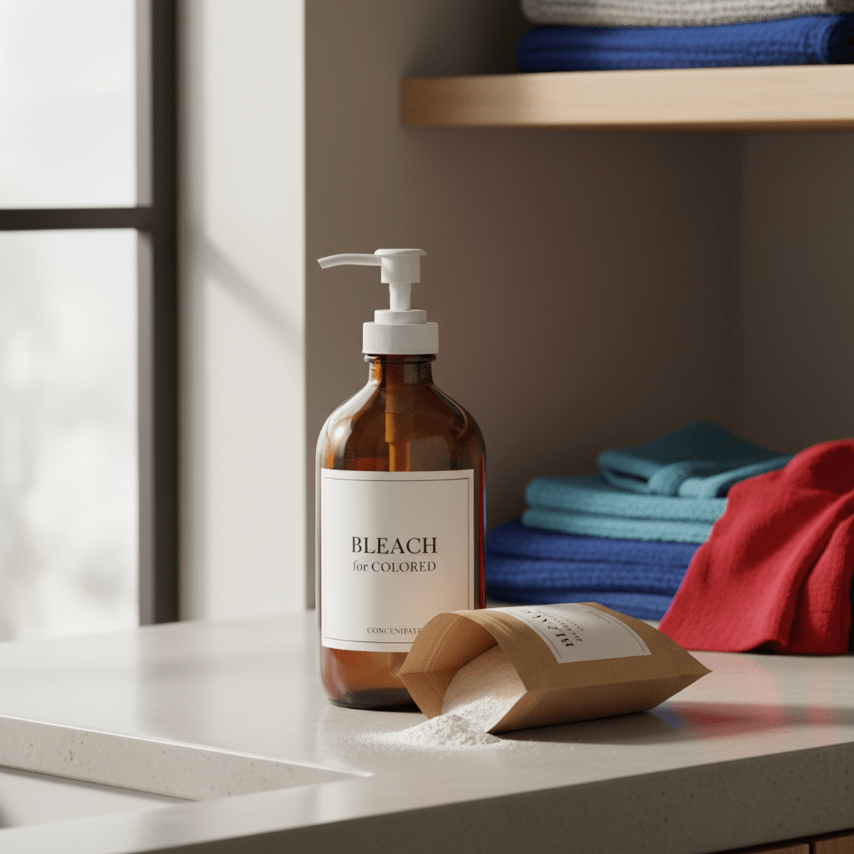 Elegant refillable dispenser bottles and compostable powder in a modern eco-friendly laundry room.