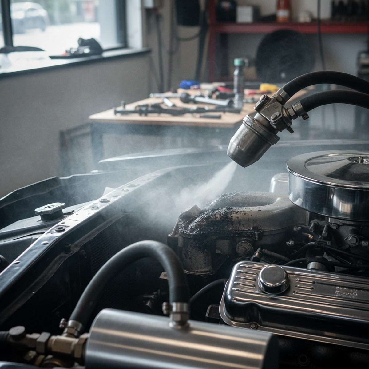 Dry ice blasting equipment precisely cleaning vintage car engine parts, removing deep oil residue.
