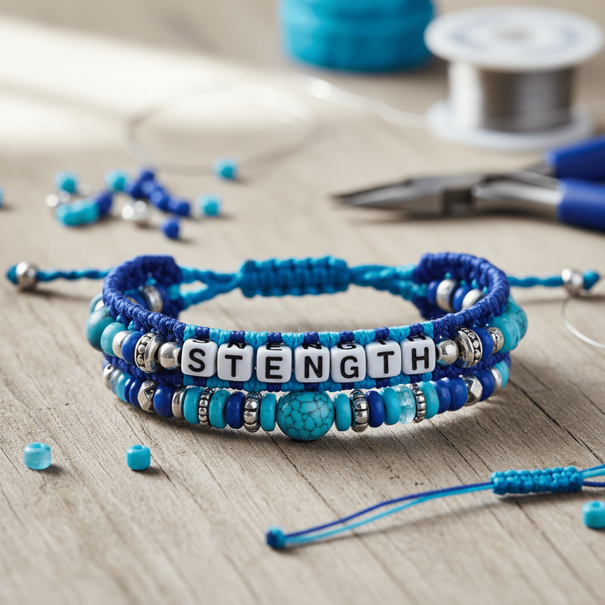 Handcrafted blue friendship bracelet with white letter beads and silver accents on a table.