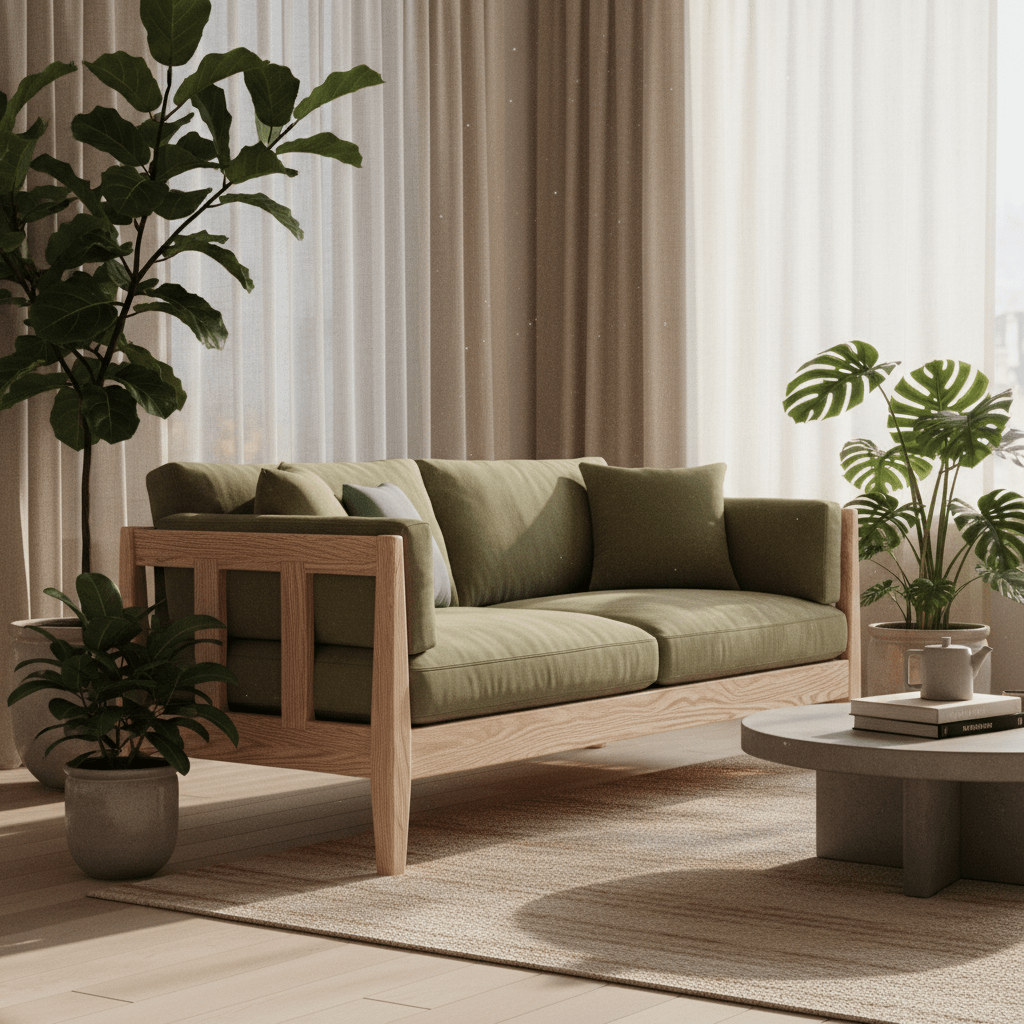 A modern sofa with an exposed oak frame and green organic cotton upholstery in a sunlit room.