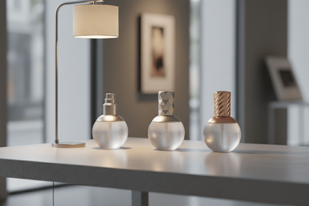 Three subtly evolved product bottles on a table under warm light, illustrating strategic lifecycle management