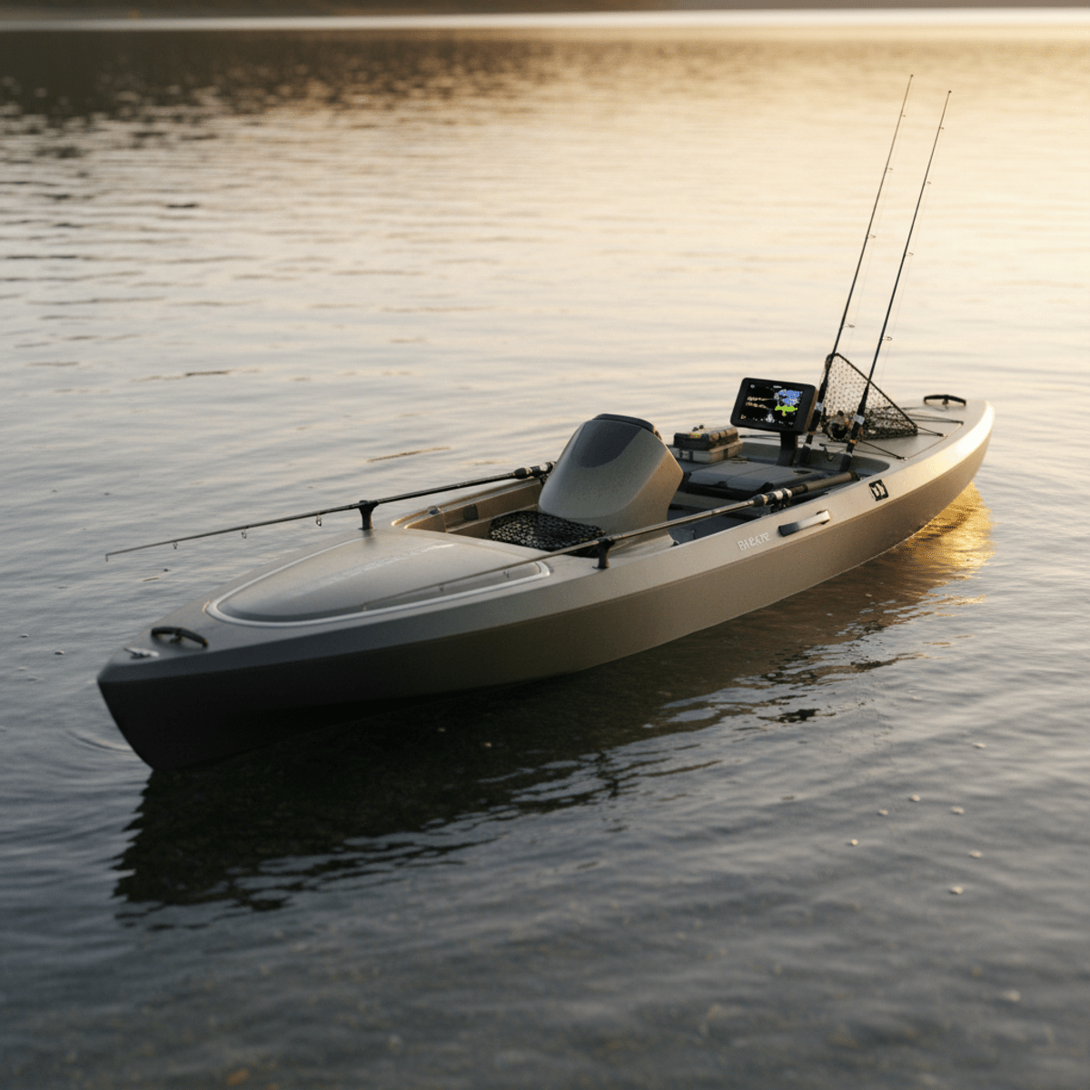 Modern fishing kayak with retractable propulsion pod on calm water. Sleek fishing kayak with integrated propulsion pod glides on calm, shallow water.
