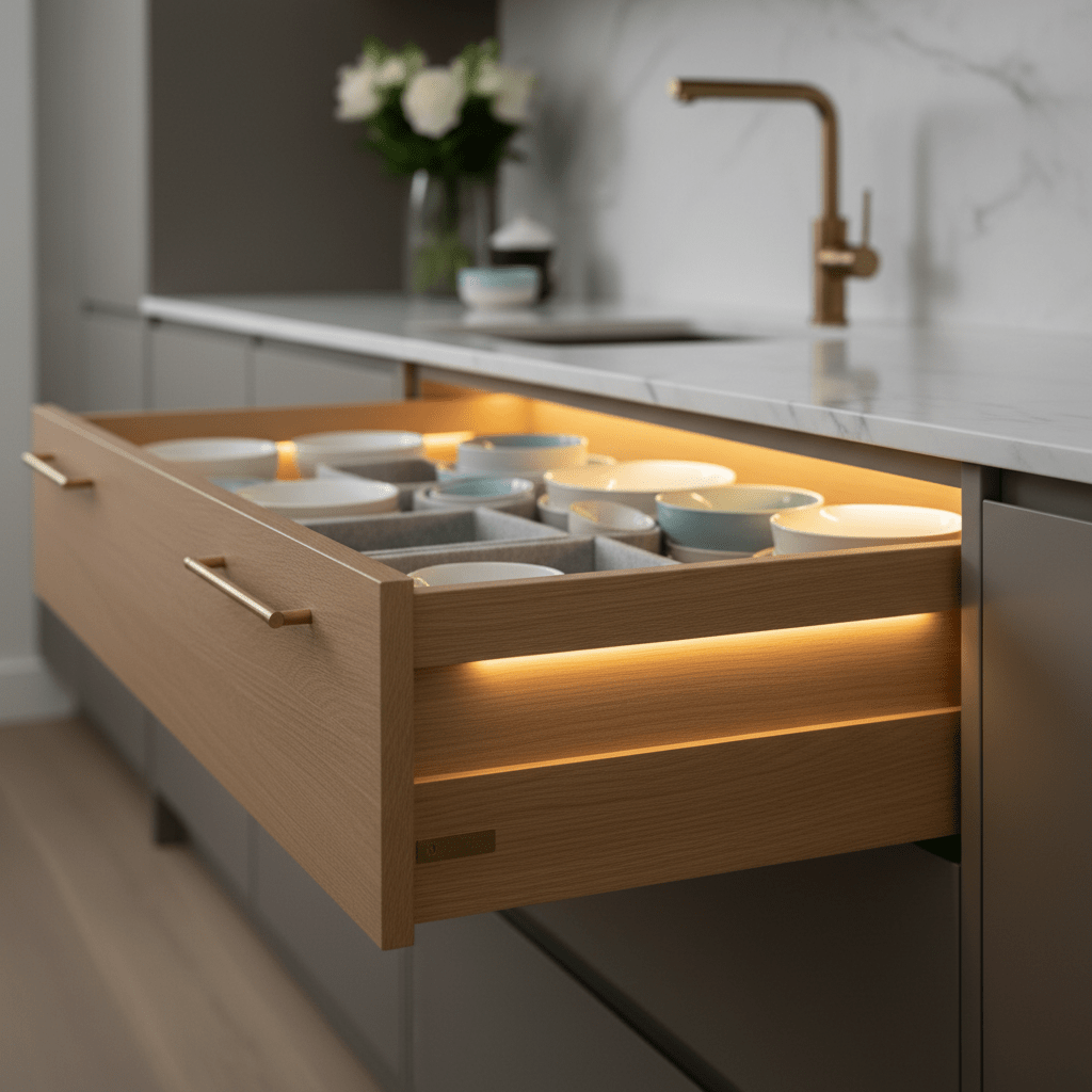 Luxury kitchen drawer with warm LED lighting showing neatly arranged fine dishware.