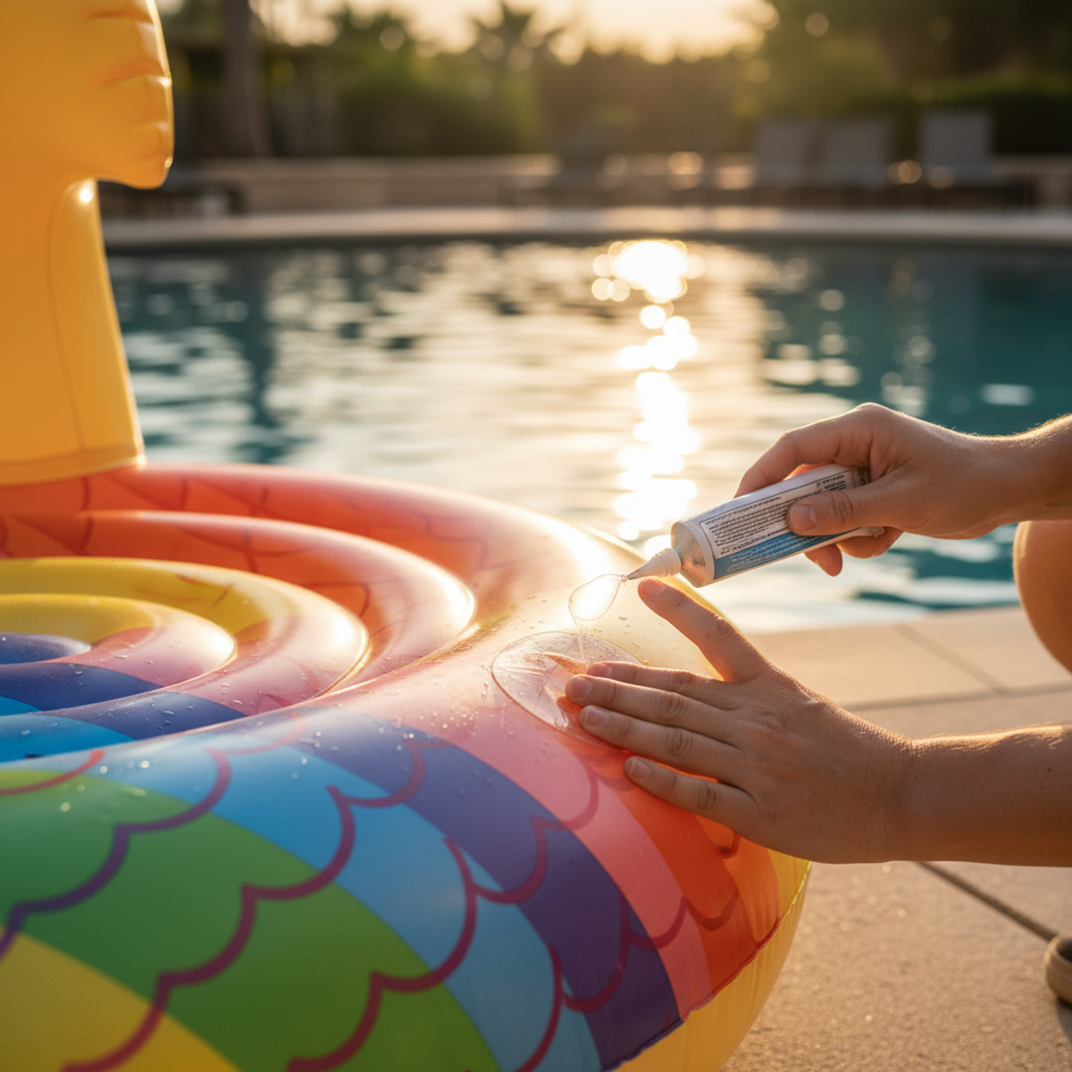 Worker skillfully patches a large inflatable pool float with clear rubber in golden hour.