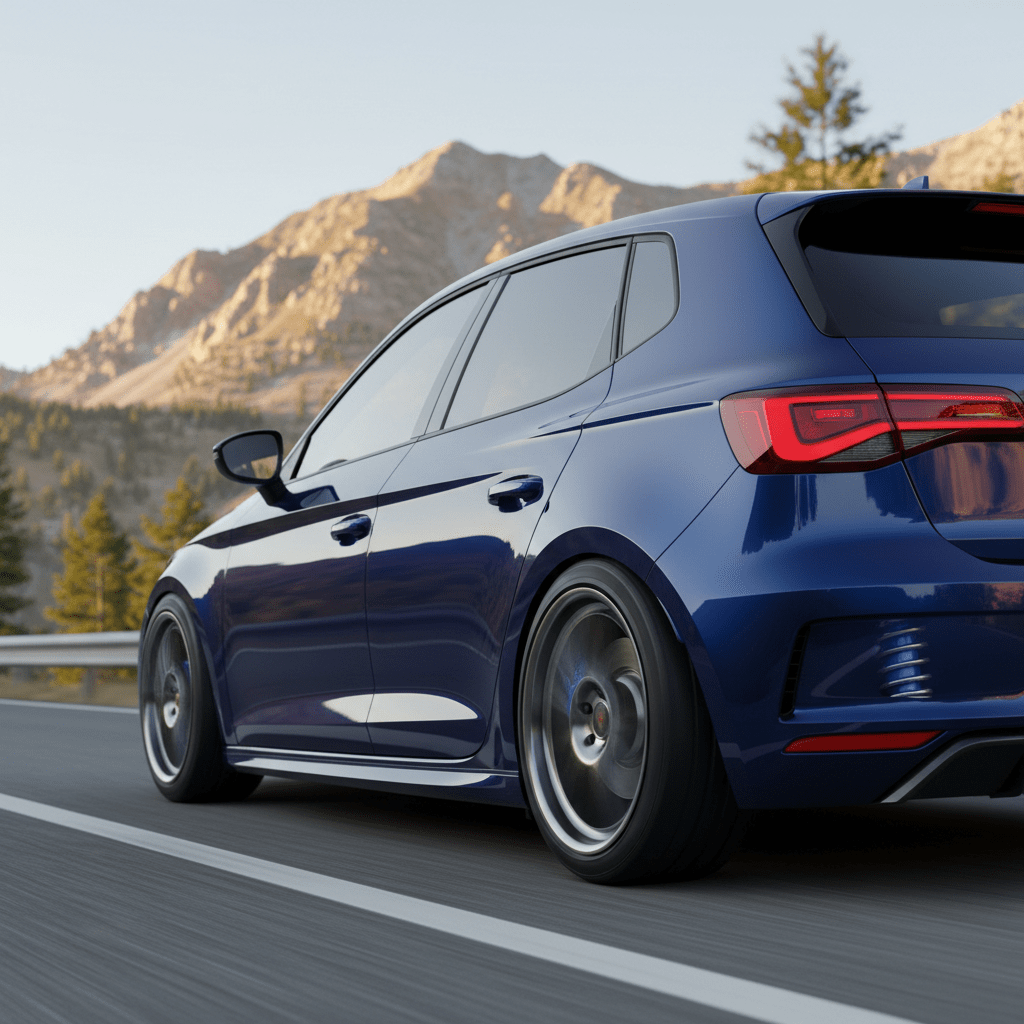 Sleek compact hatchback on a sunlit mountain road with precision coilovers and gunmetal wheels.