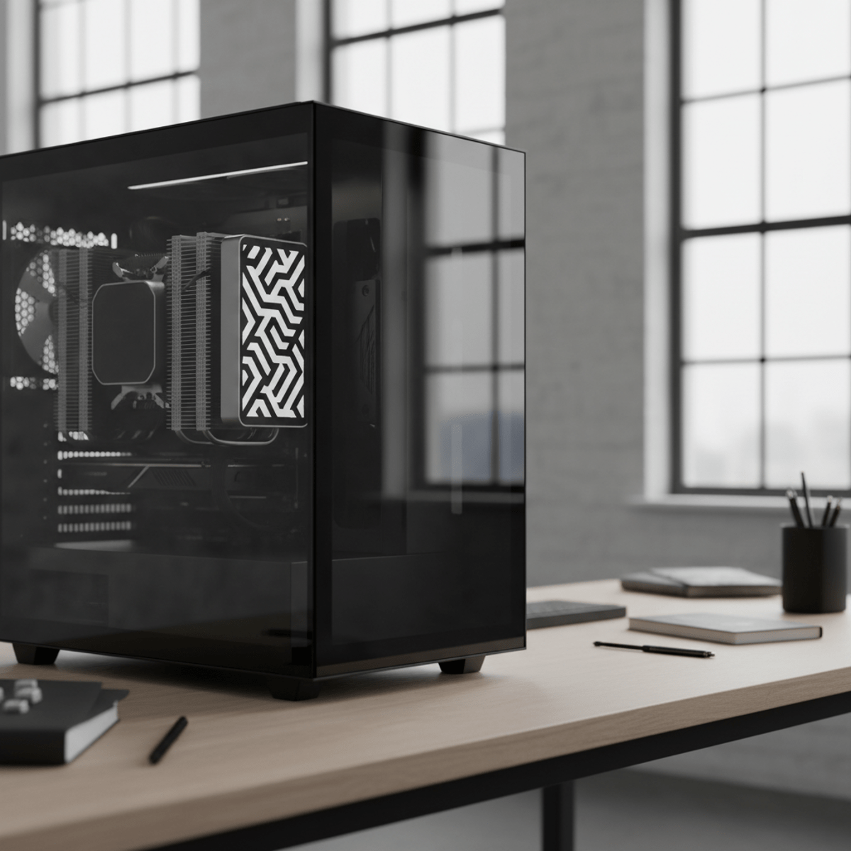 CPU cooler with E-Ink display showing geometric art in a modern PC build.