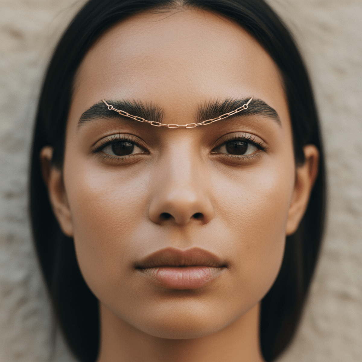Close-up portrait of a model with a delicate gold chain connecting her unibrow.