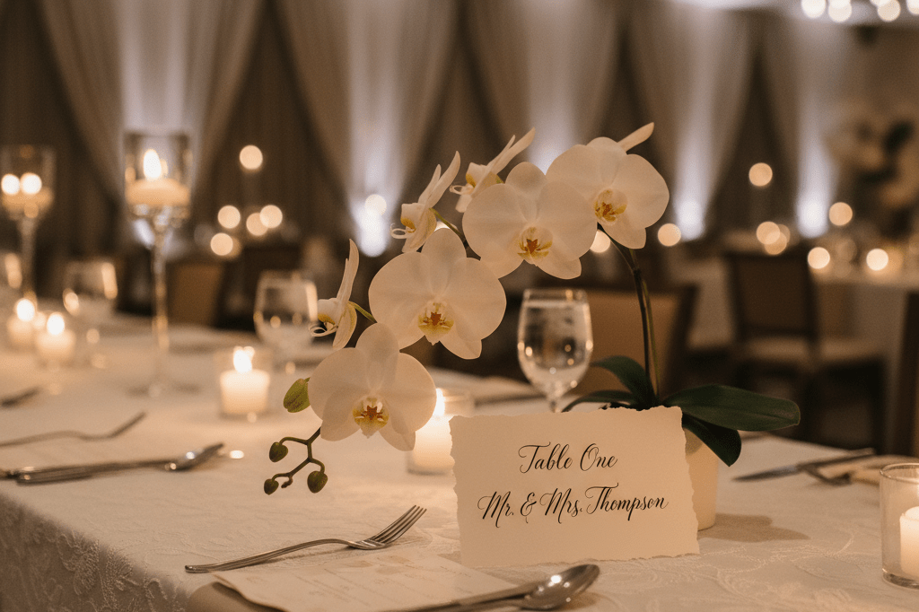 Elegant white orchid and seating card on linen table under warm candlelight, symbolizing private luxury event planning
