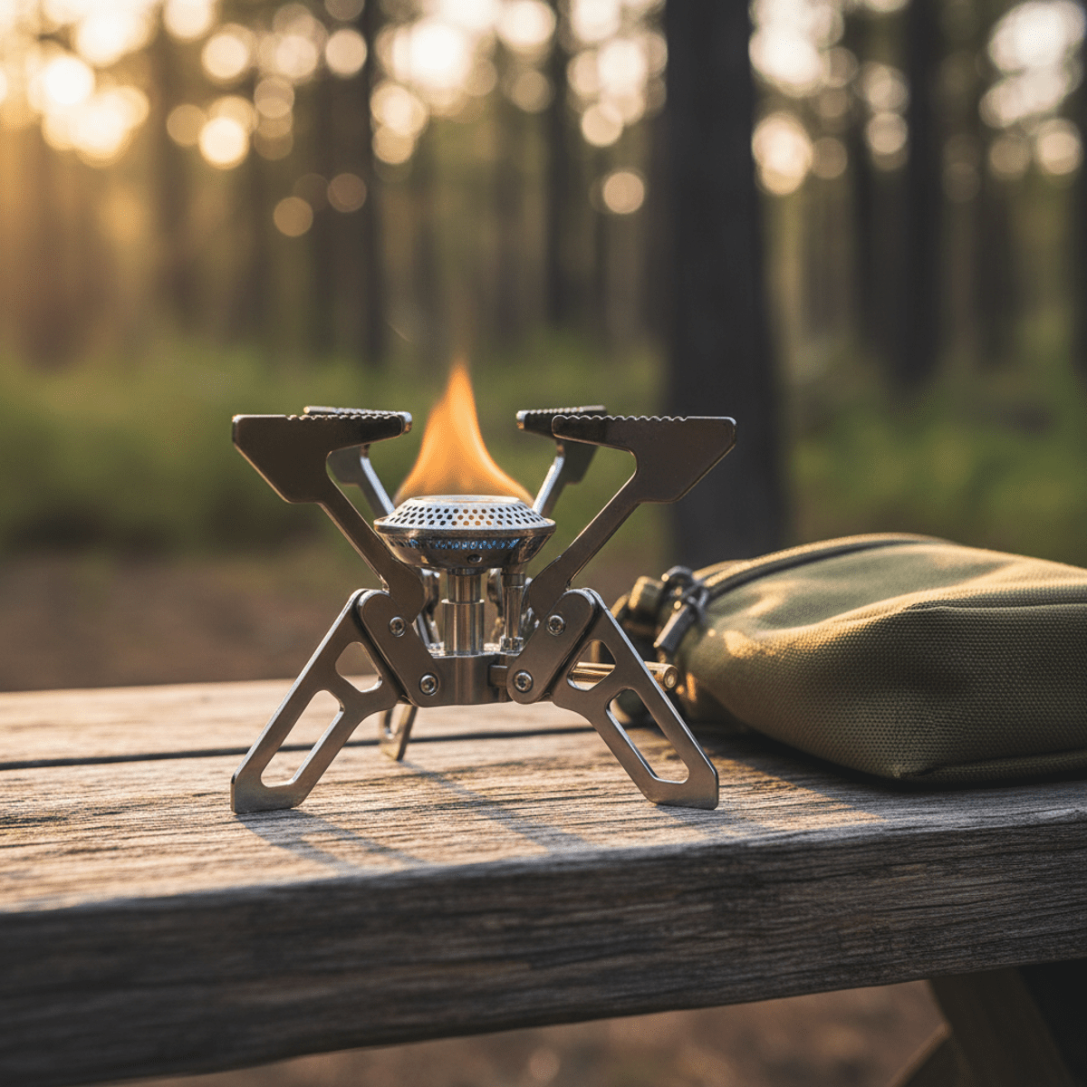 Compact collapsible gas stove on a weathered wooden table, precise engineering details.