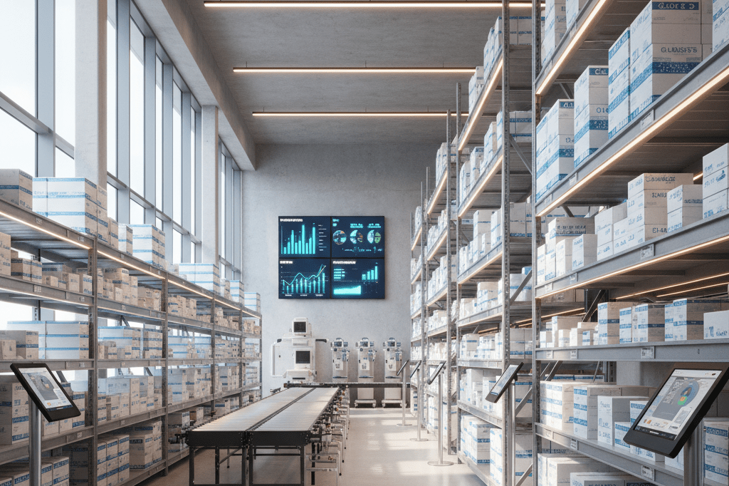 Organized healthcare supply center showcasing medical goods and tech tools under natural lighting, symbolizing consolidation trends