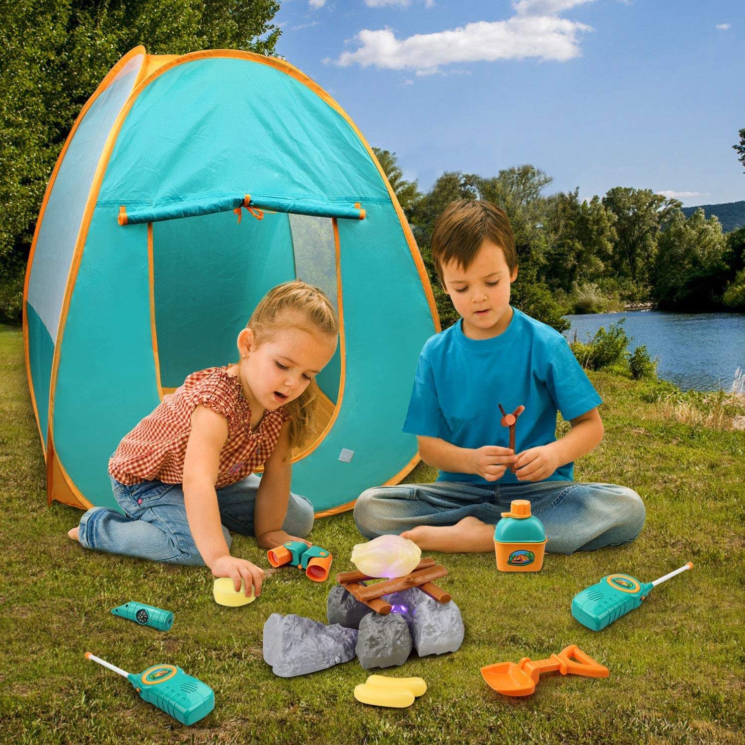 Camping Toy Set, Pretend Play Camping Tool Set with Campfire, Telescope, Kids Camping Set with Tent