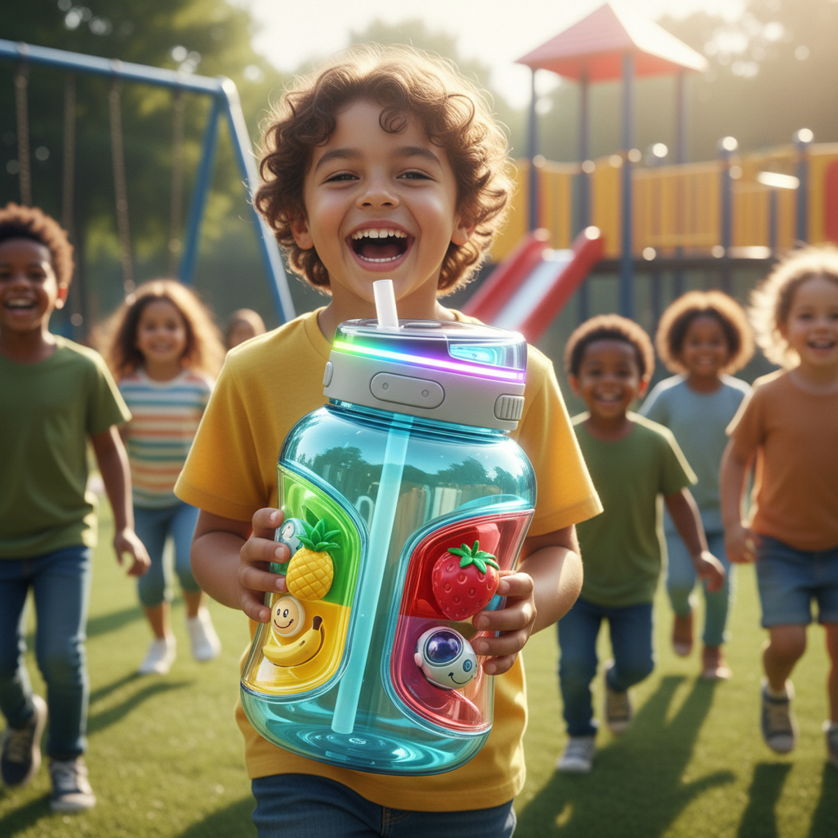 Children enjoy a futuristic water bottle with flavor pods on a sunny playground.