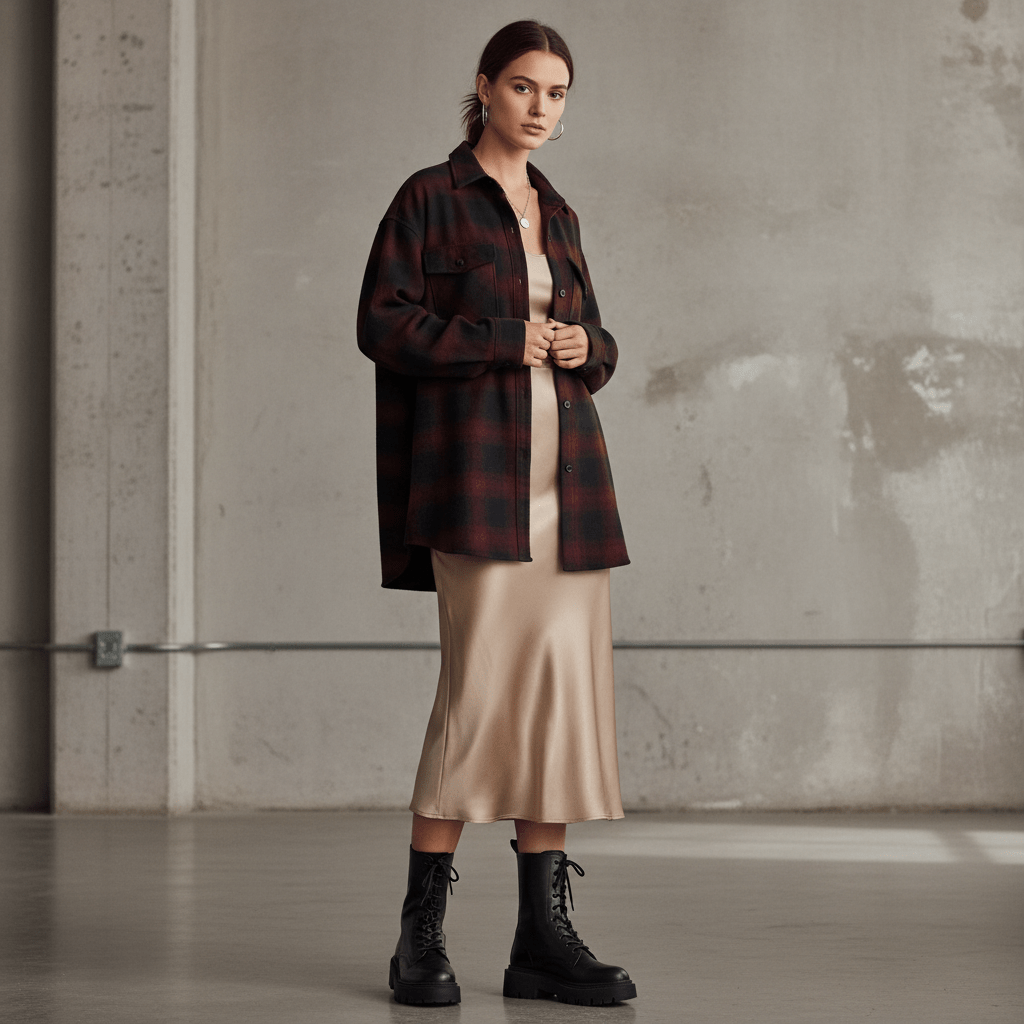 Model in oversized plaid flannel, satin skirt, and combat boots, embodying 90s fashion.