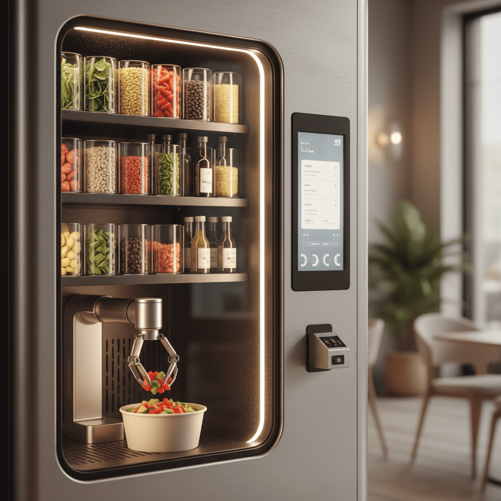 Advanced food vending machine with fresh ingredients and robotic arm in a cafe.