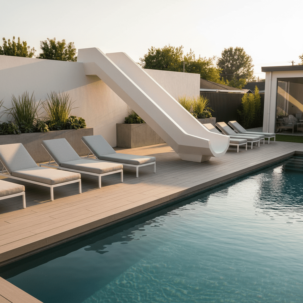 Crisp white architectural slide integrated into a modern backyard with neutral decking.