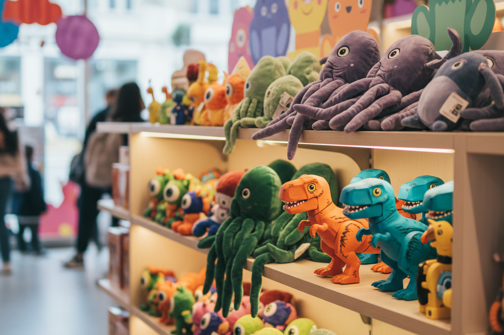 Medium shot of original monster-themed plush toys and figurines on a brightly lit retail shelf, no logos or branding visible