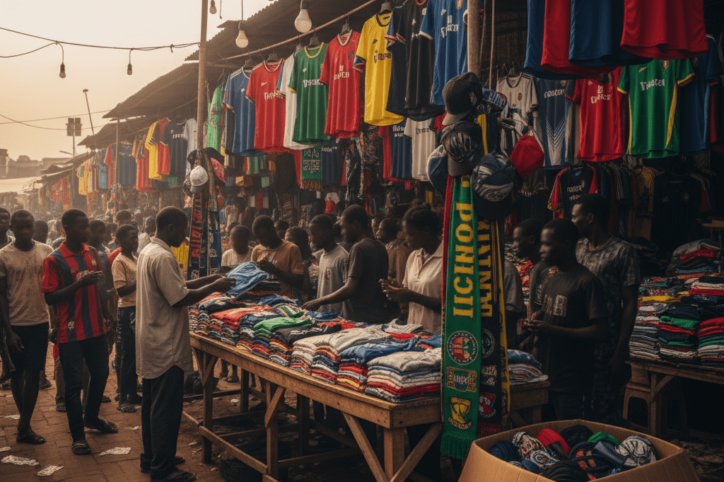 Busy marketplace showcasing football jerseys and accessories reflecting supply chain resilience during volatile tournaments