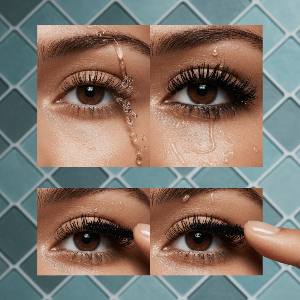 Mascara protecting lashes from water, then easily removed with fingertips.