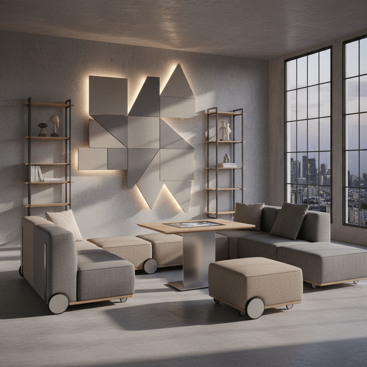 Transformable modern urban living room with modular seating and acoustic panels.