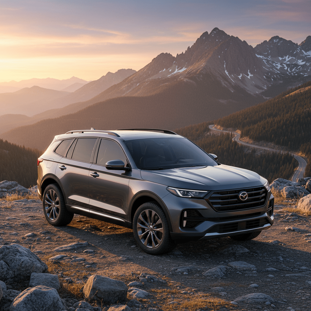 Sleek midsize SUV with athletic stance parked on a rugged mountain overlook at golden hour.