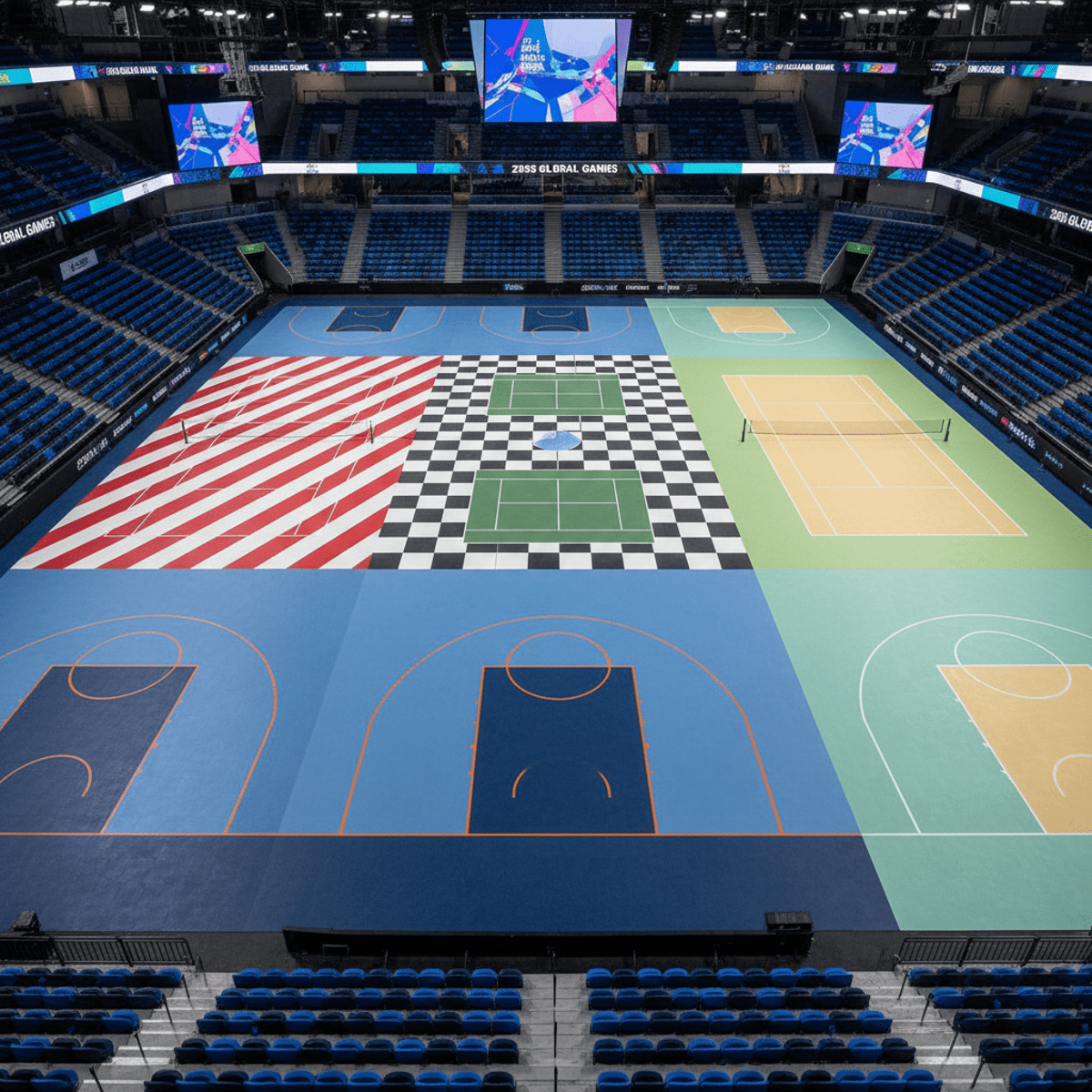 Aerial view of an innovative indoor multi-sport arena court with distinct play zones.