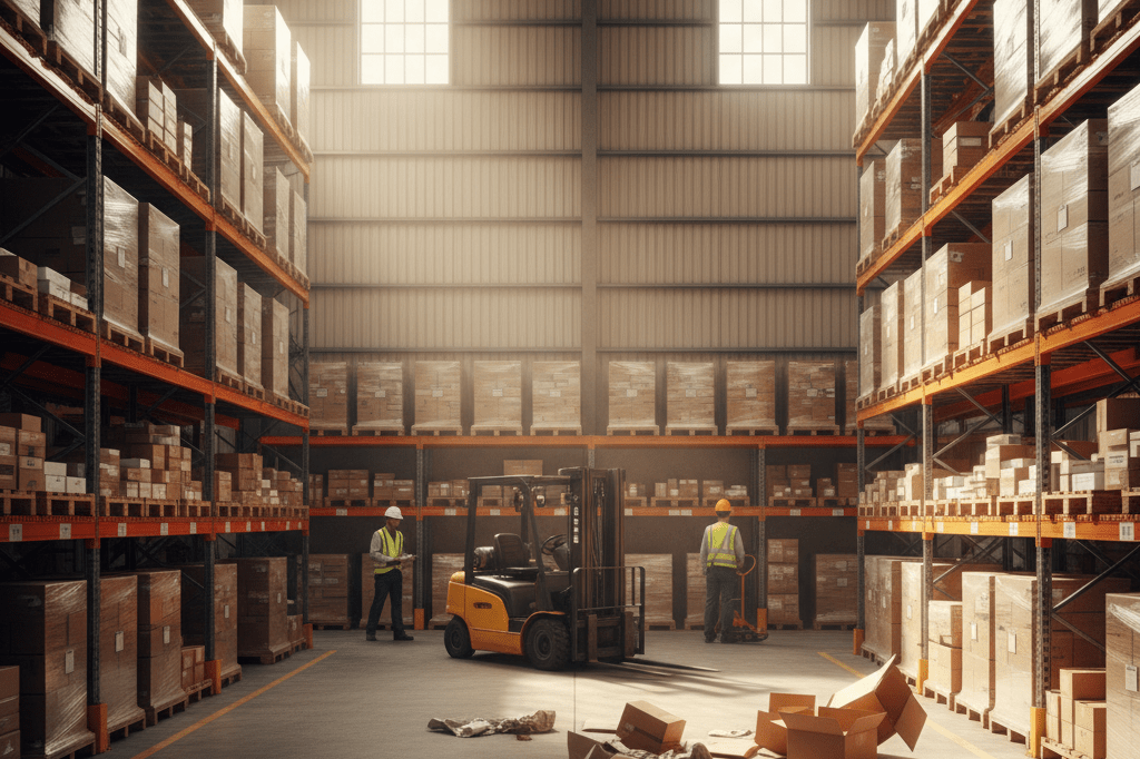 Wide-angle view of organized warehouse shelves with scattered boxes suggesting inventory security issues