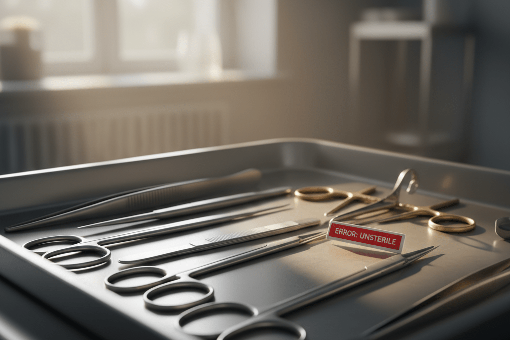 Close-up of surgical tools on a tray with subtle shadows and warm ambient light, evoking concerns about process failures in healthcare