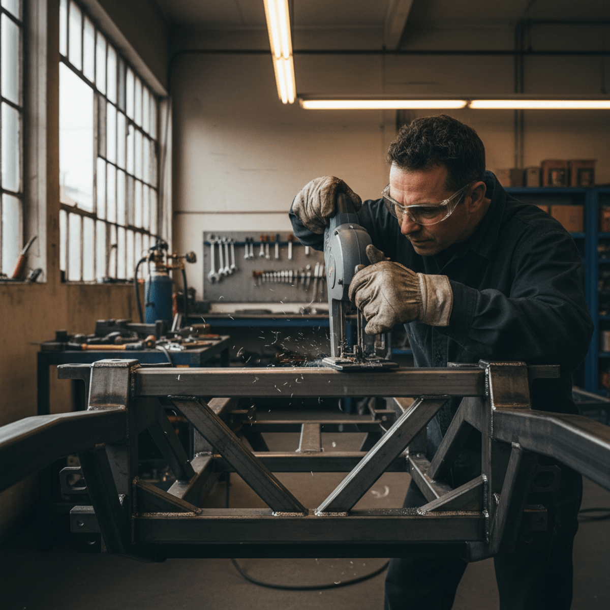 Skilled fabricator makes clean cuts on vehicle frame with a portable band saw.