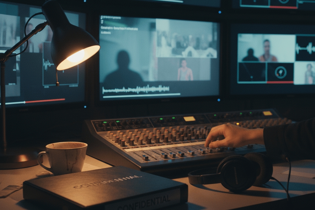 Medium shot of a dimly lit reality TV control room with glowing monitors, a confidential binder, and muted audio equipment, evoking production ethics concerns