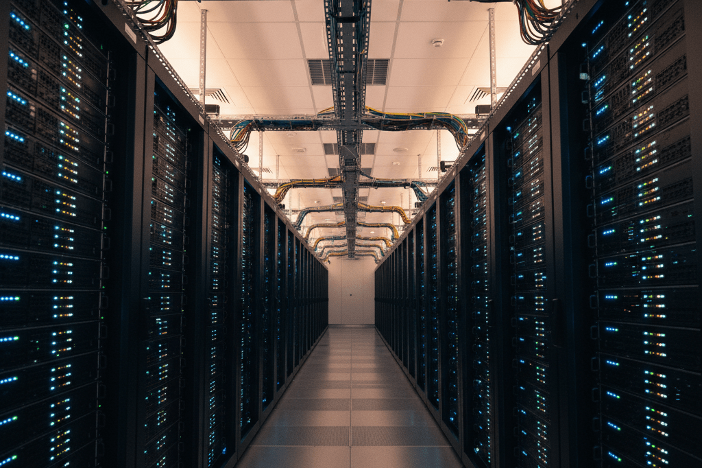 Server room managing high-demand event infrastructure Expansive server room with blinking lights under ambient lighting, symbolizing robust queue management for large-scale events