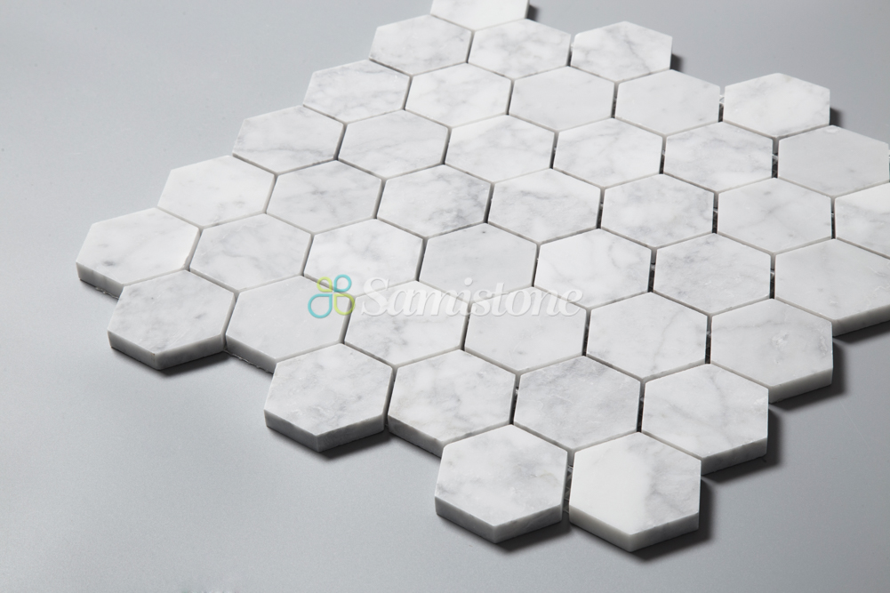 2" Polished Carrara White Hexagon Marble Mosaic Tile