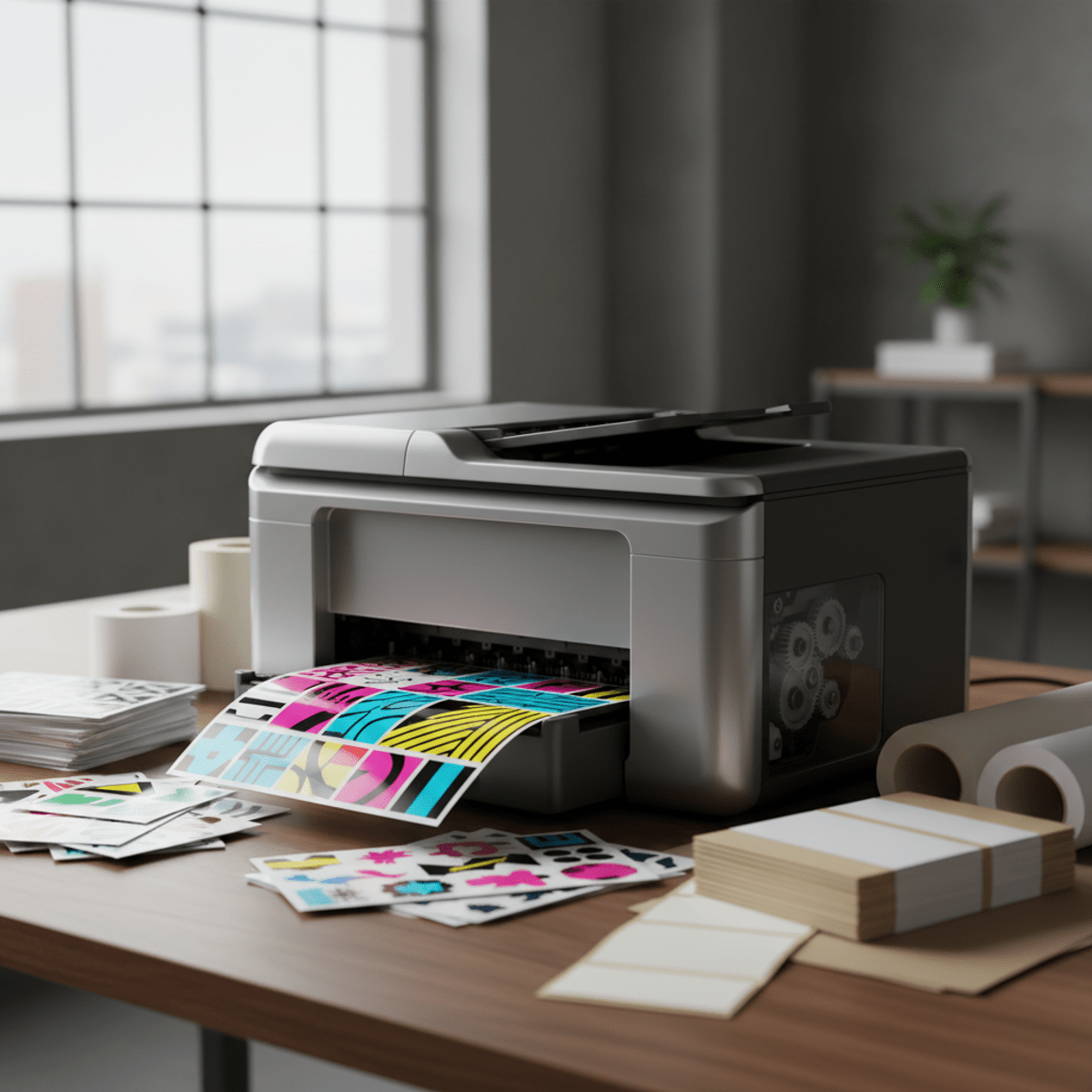 Sleek printer on a wooden desk with sticker sheets and cardstock.
