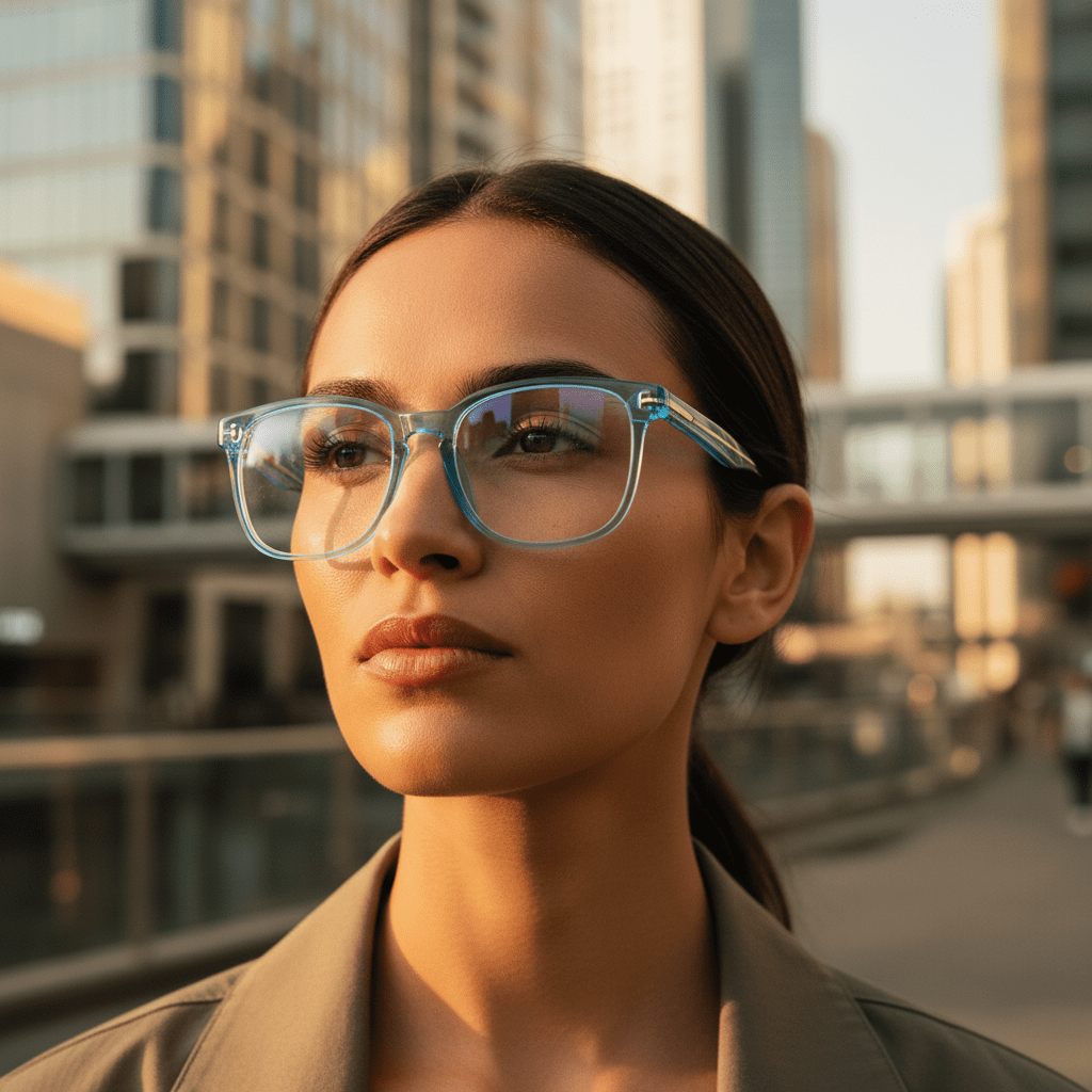 Person wearing sky blue translucent acetate bifocal glasses in urban golden hour.