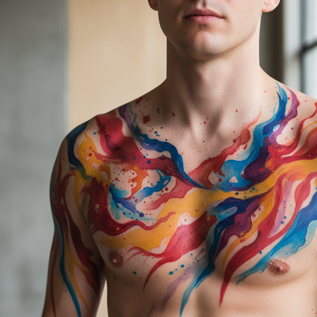Vibrant abstract watercolor tattoo art on skin Abstract watercolor tattoo with vibrant colors on a male torso.