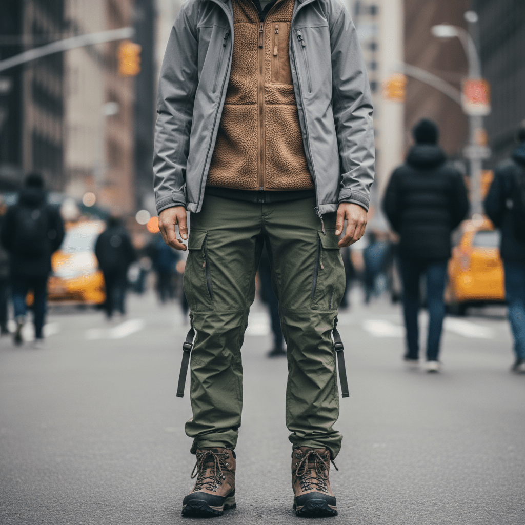 Model in Gorpcore outfit with cargo pants and technical jacket on a city street.