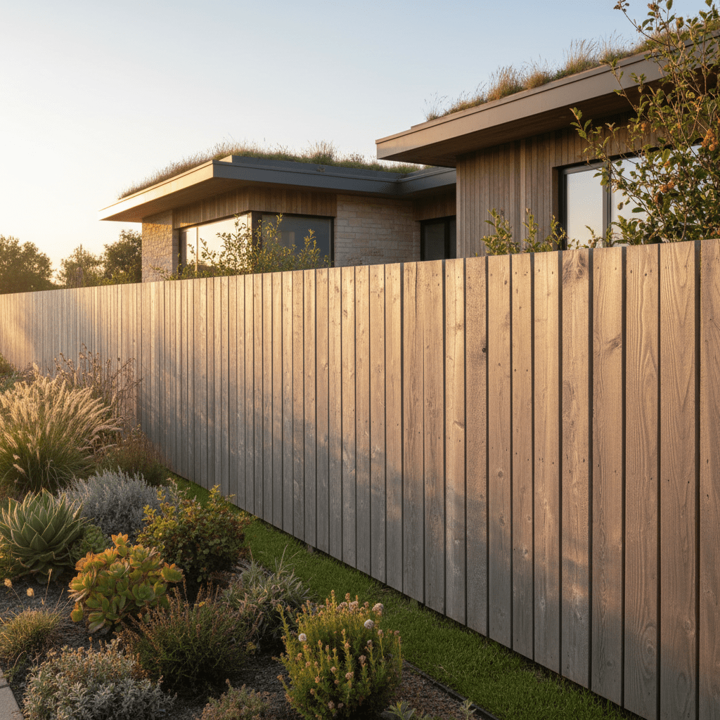 Weathered gray pallet fence surrounds a modern eco-home at golden hour.