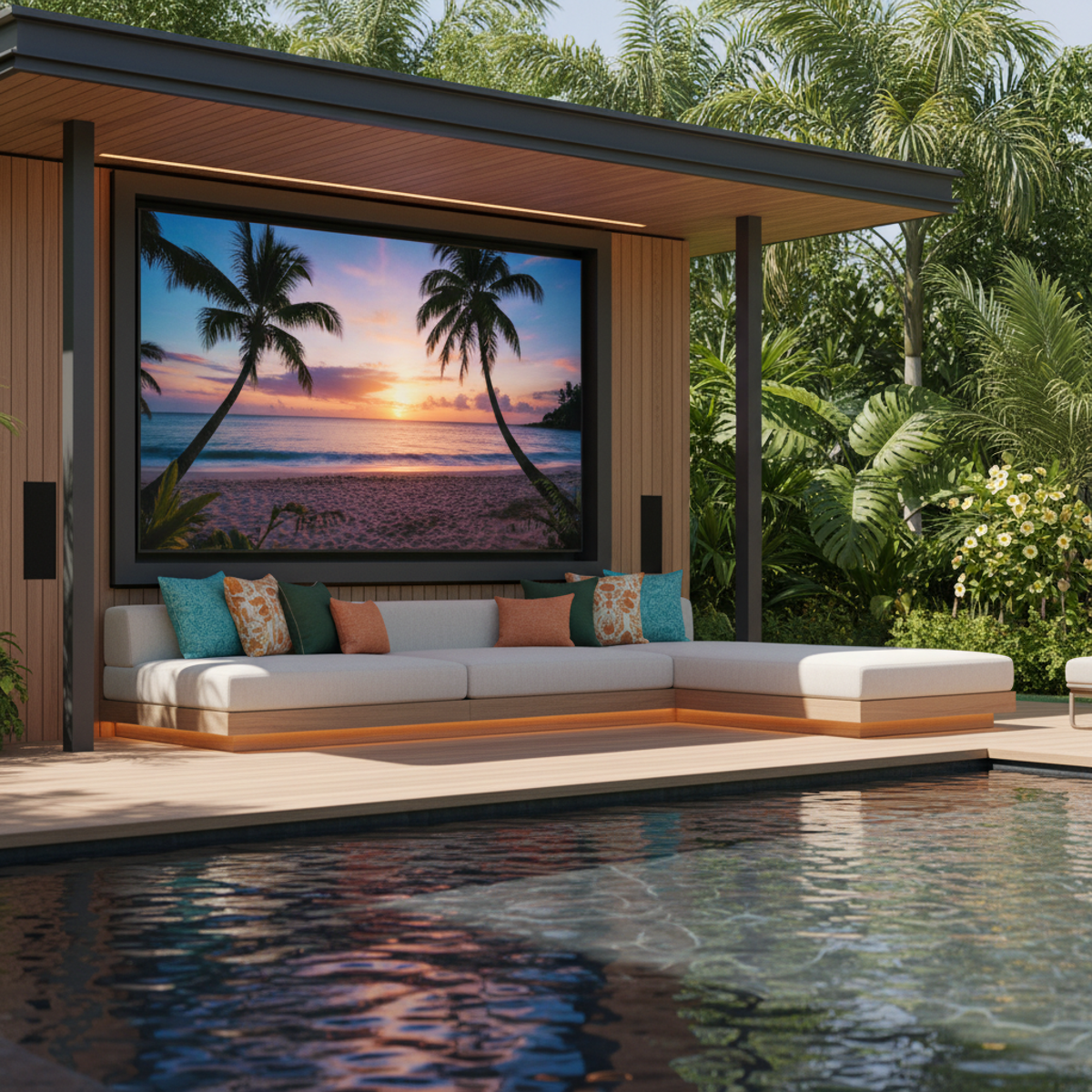 Luxurious outdoor lounge with massive TV in a sleek poolside pavilion.