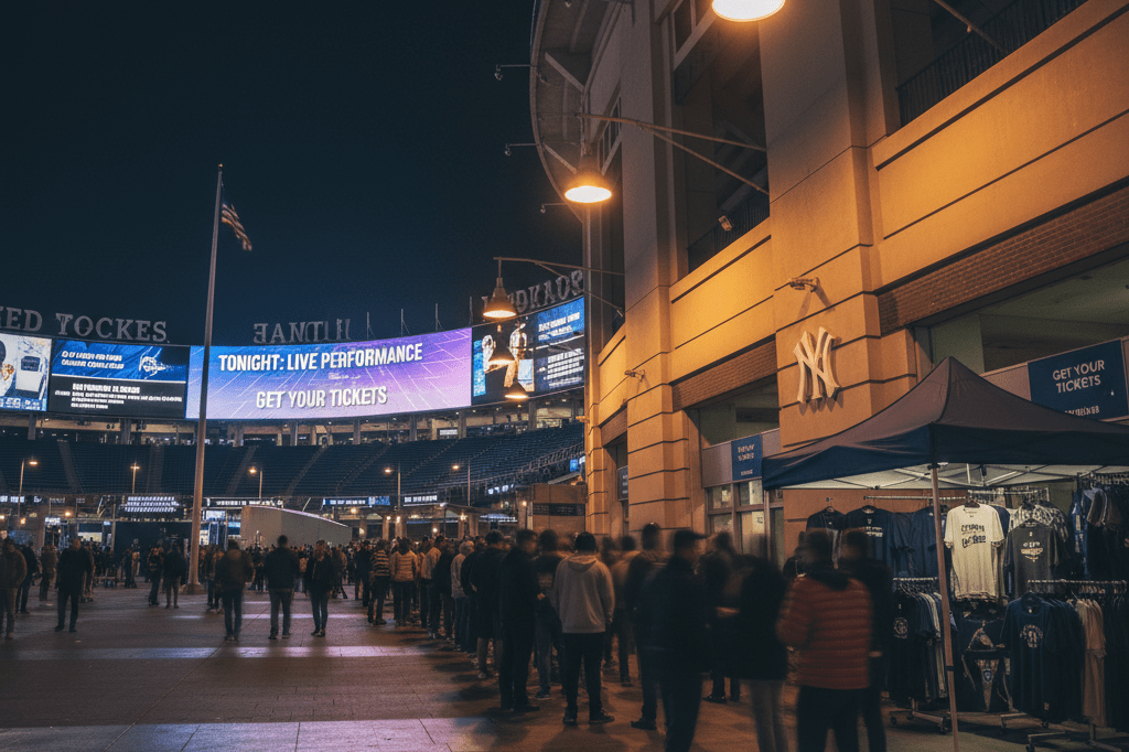 Bustling ticket booth outside Yankee Stadium during major event Nighttime view of Yankee Stadium ticket area with glowing signs, crowd queues, and subtle merchandising hints