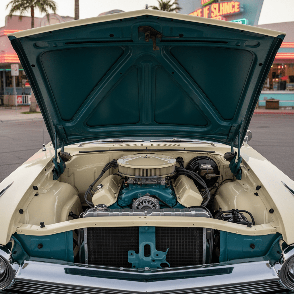 Detailed turquoise engine block within a classic car's open hood.