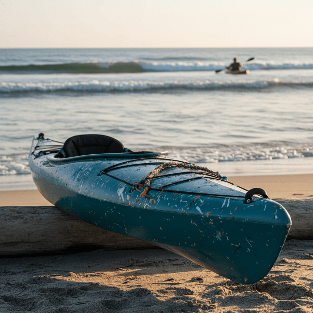 Teal kayak made from ocean waste rests on driftwood at golden hour.