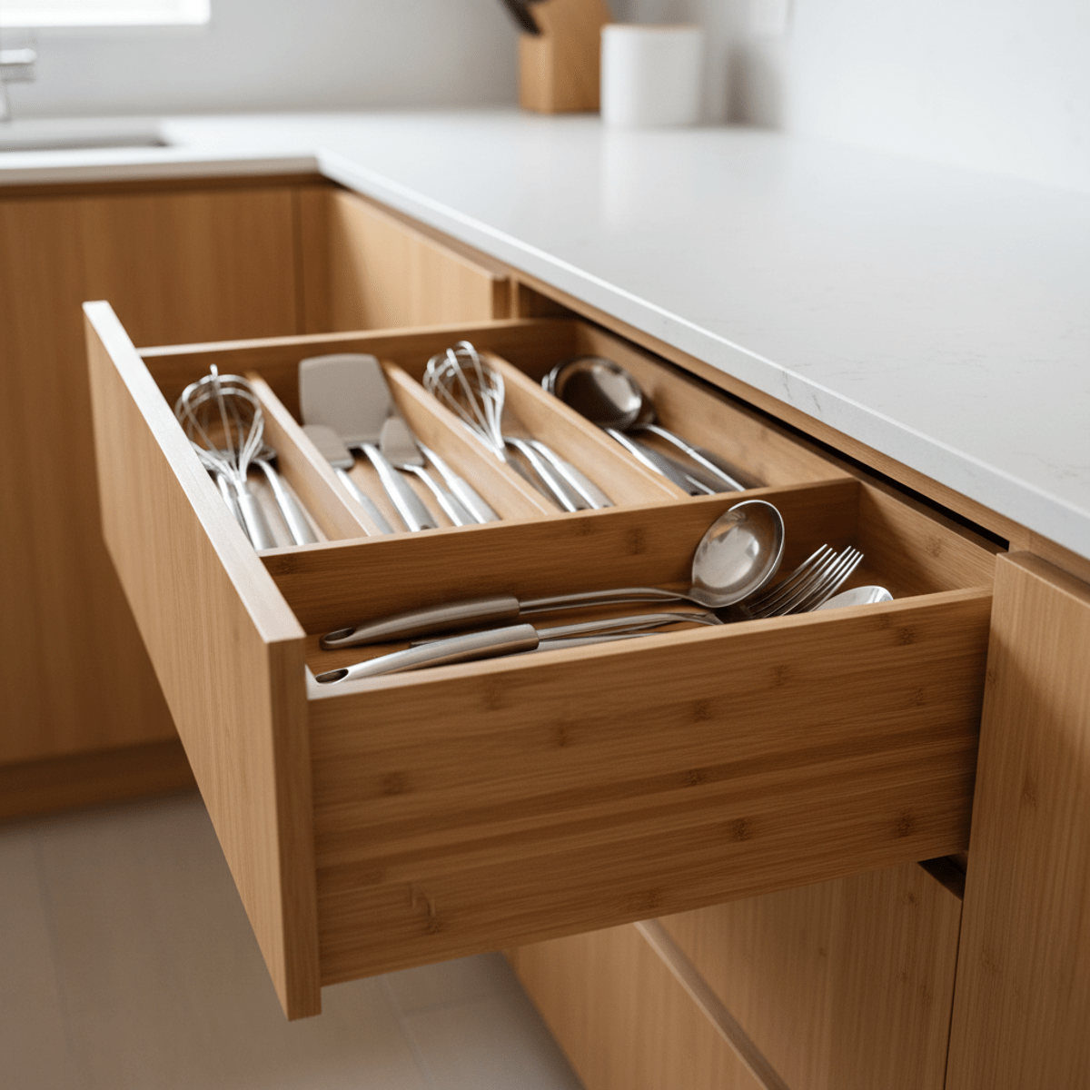 Modern bamboo kitchen drawer filled with neatly organized utensils, showing smooth honey-toned finish.
