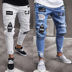Remendo dos desenhos animados dos homens rasgado calças de brim personalidade de forma magro hip hop jeans calças de design de jeans masculinos rua