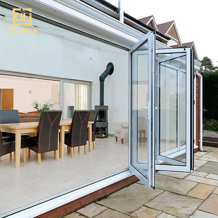 سليم الألومنيوم للطي الأبواب الخارجي الباحة شرفة بانورامية أفقي انزلاق مزدوجة المزجج منخفضة e الزجاج باب قابل للطي ثنائي